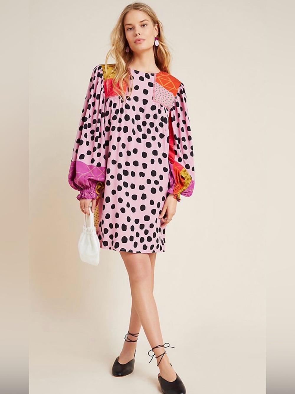 Anthropologie Bl-nk London Miranda Patchwork Tunic Dress Pink Polka Dot Boho M